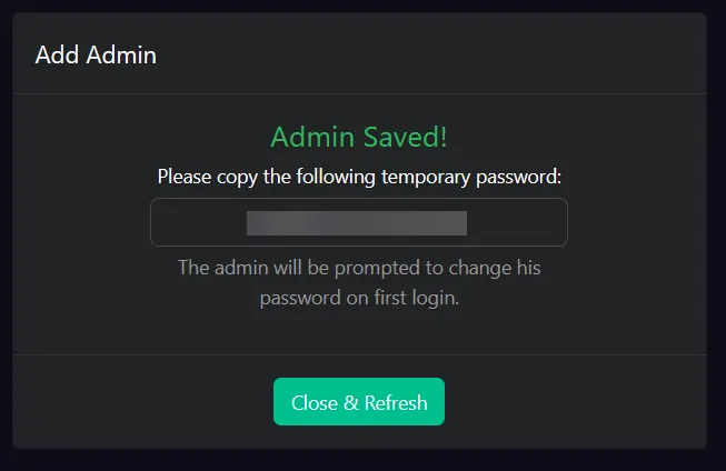 txAdmin control panel showing a temporary admin password