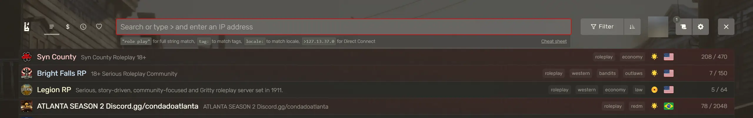 RedM client hightlighting the server search bar