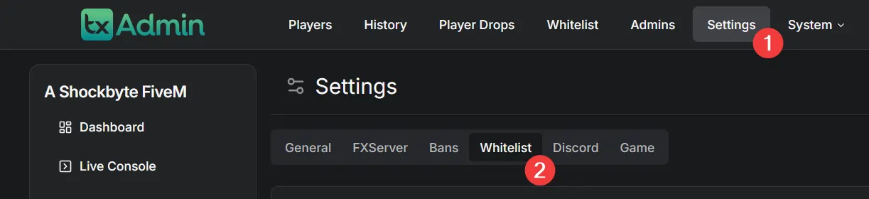 txAdmin control panel navigating to your whitelist settings