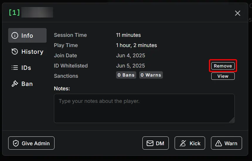 txAdmin control panel removing a player from a whitelist