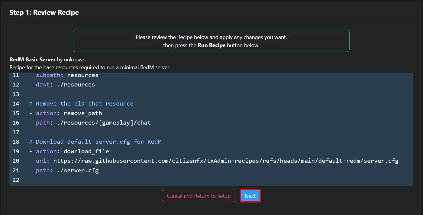 Review the generated recipe and click next