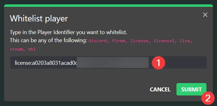 txAdmin control panel whitelisting a player using a Player Identifier