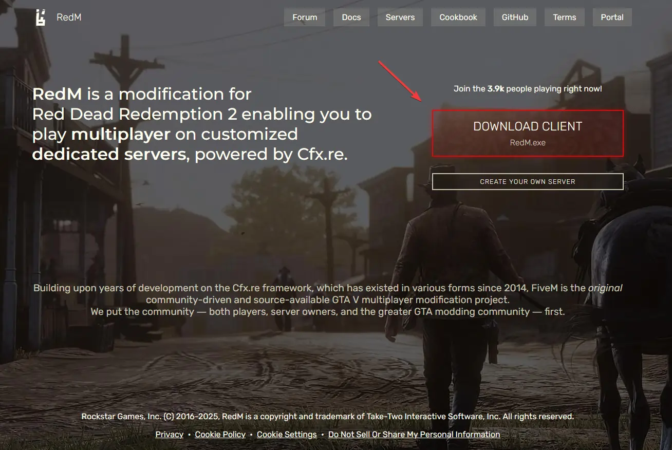 Downloading the RedM client from their website