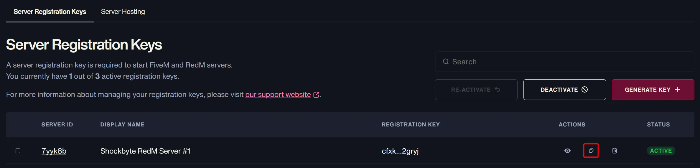 Copy your Cfx.re Server Registration Key