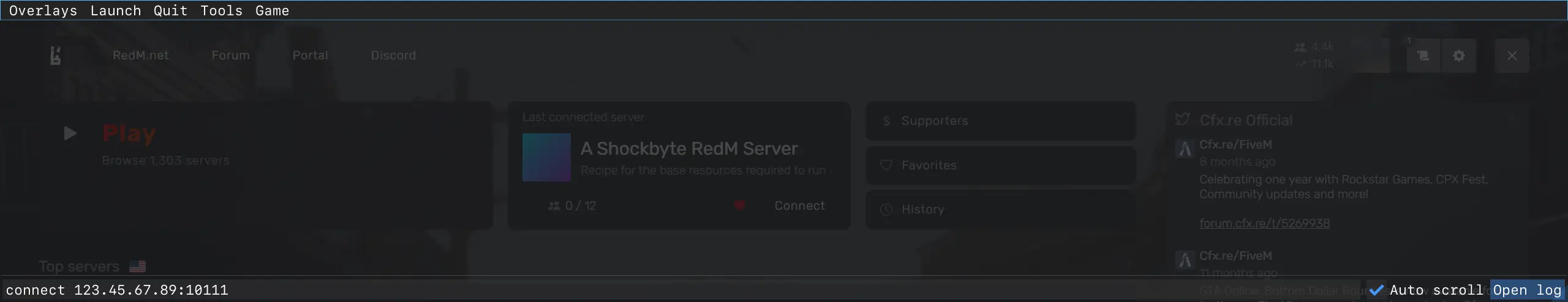 RedM client showing how to connect to a server from the console