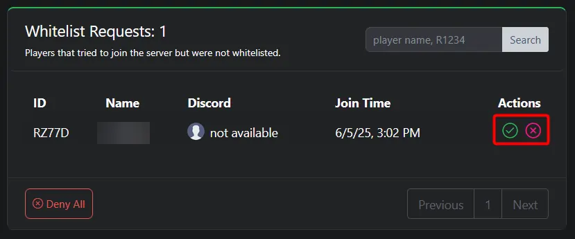txAdmin control panel showing a whitelist request