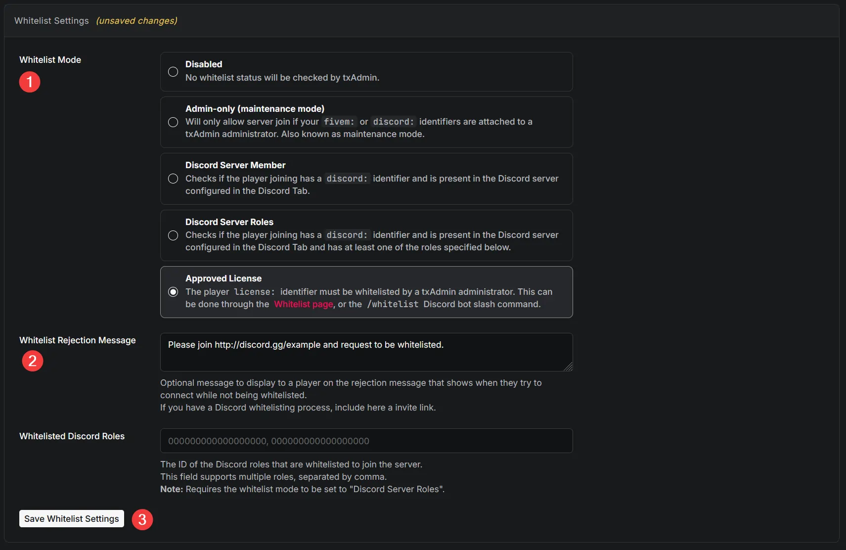 txAdmin control panel setting the whitelist mode