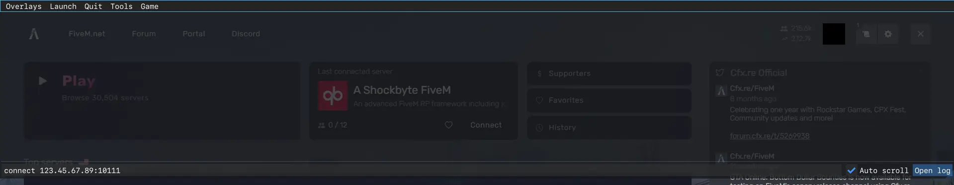 FiveM client showing how to connect to a server from the console