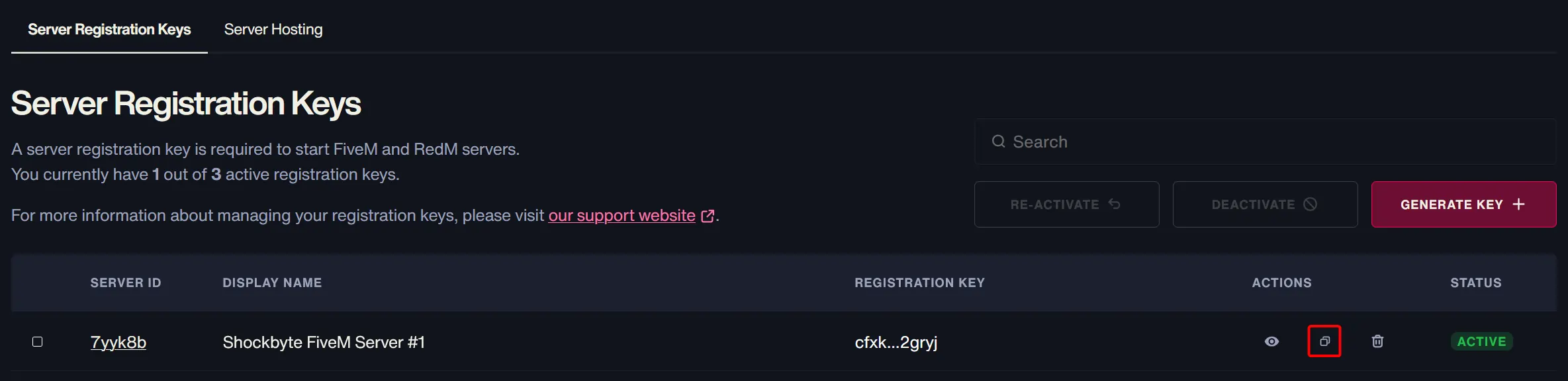 Copy your Cfx.re Server Registration Key