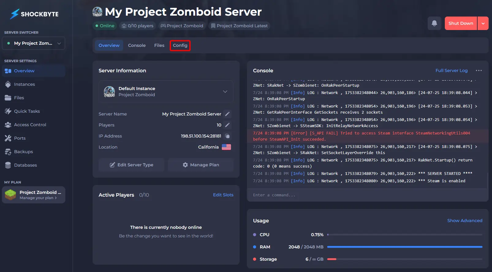 Project Zomboid server with the Config button highlighted