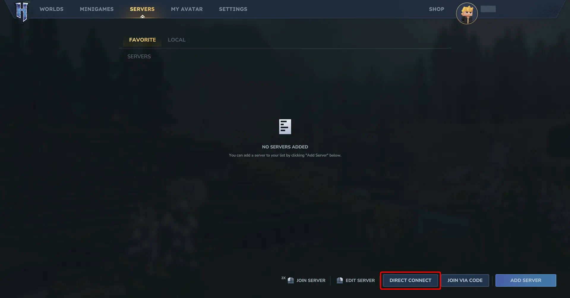 Hytale server list highlighting the direct connect button