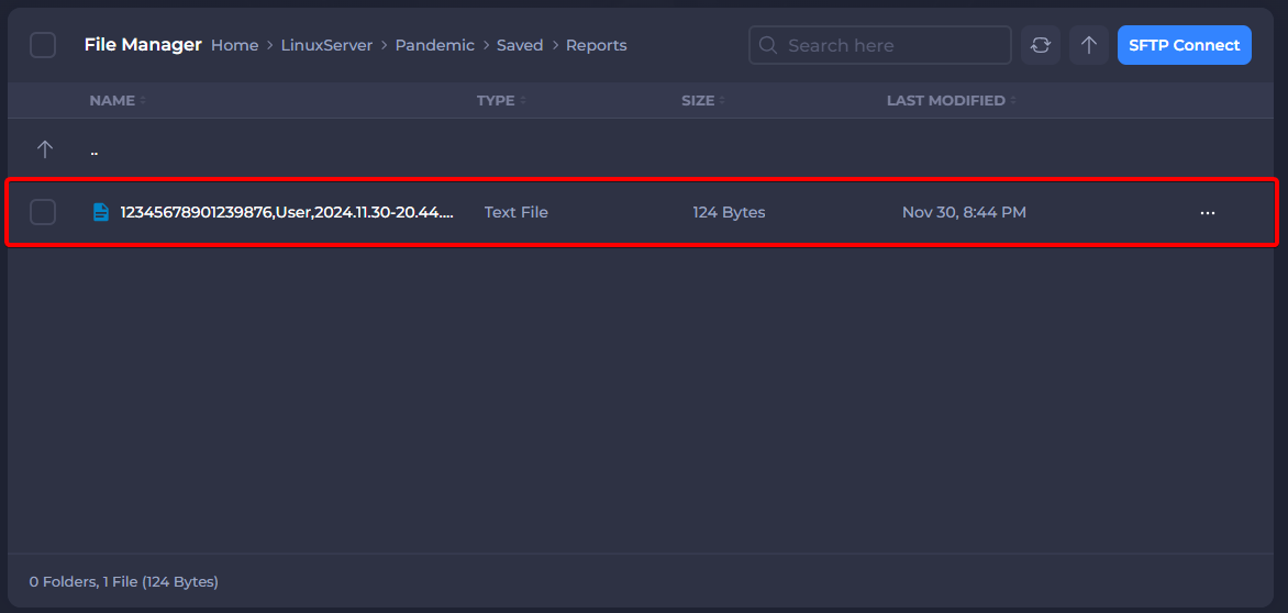 File Manager interface displaying the 'LinuxServer > Pandemic > Saved > Reports' directory for SCP 5K. A single text file is highlighted in red with the name '12345678901239876,User,2024.11.30-20.44...' The file type is 'Text File,' with a size of 124 bytes, and it was last modified on November 30 at 8:44 PM. An 'SFTP Connect' button is visible in the top-right corner for remote file access.